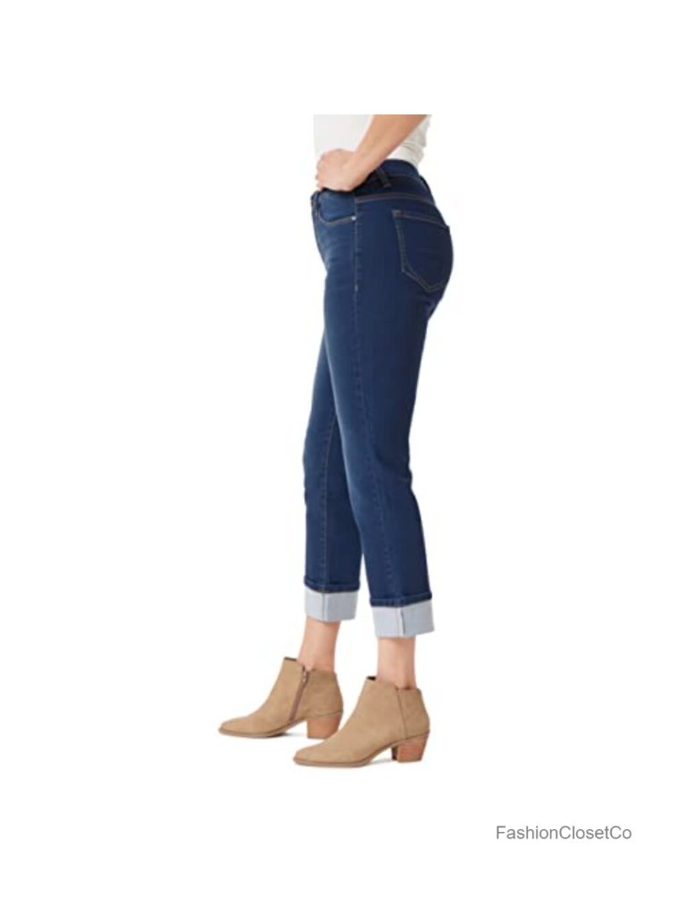 High-Rise Ankle Jeans with Roll Cuff - Straight Leg Stretch Cotton Blend, 26" - Picture 2 of 6